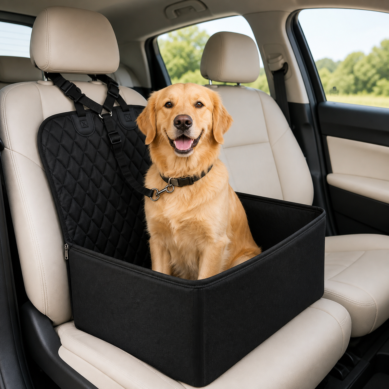 Double-layer zippered dog car booster seat installed on a passenger seat