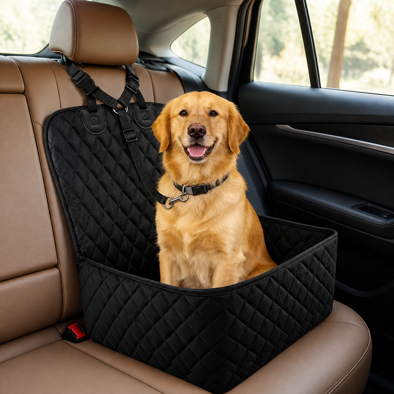 Single-layer open-sided quilted dog car booster seat installed on a passenger seat