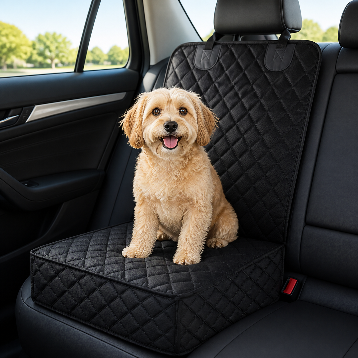 Single-layer regular quilted dog car booster seat installed on a passenger seat