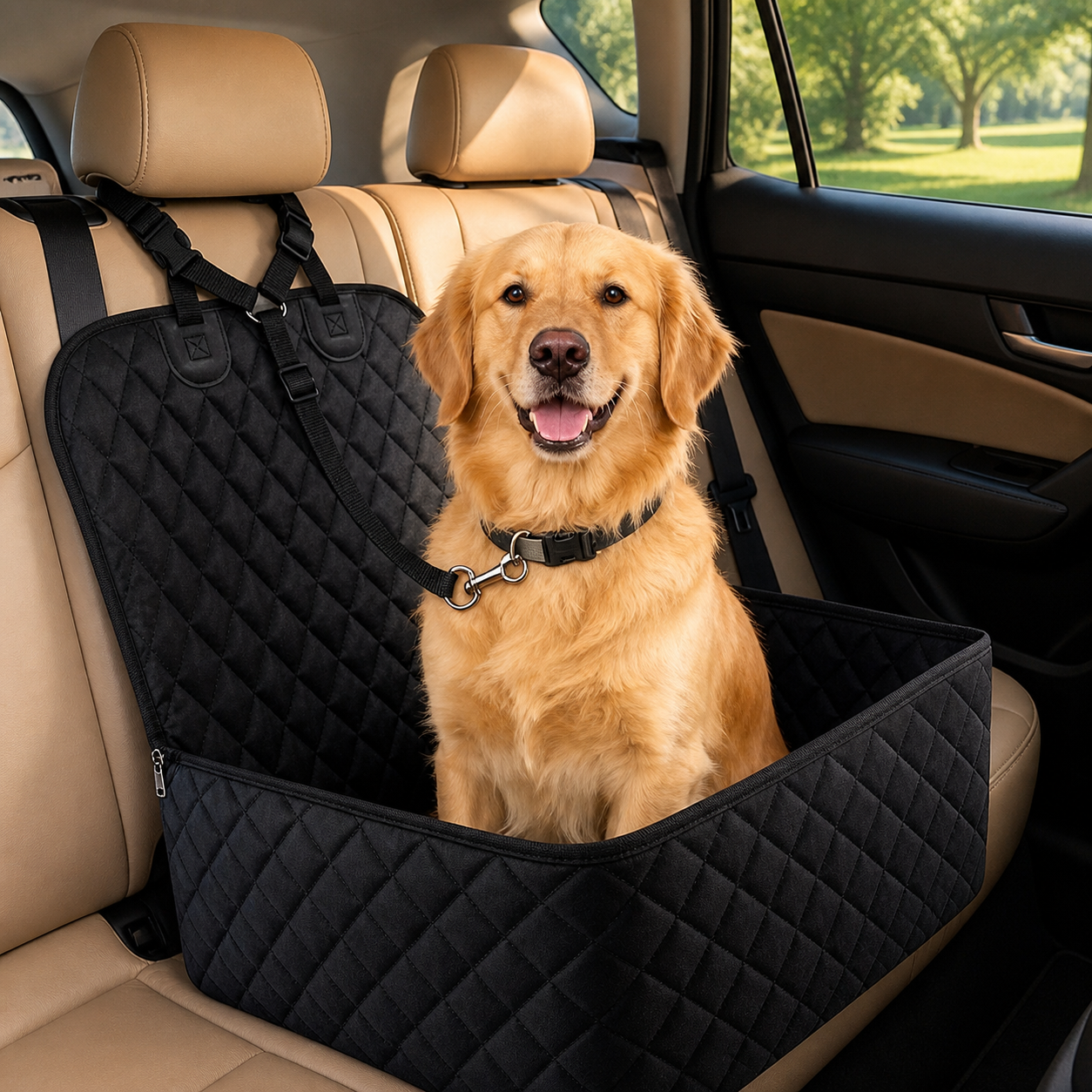 Single-layer zippered quilted dog car booster seat installed on a passenger seat