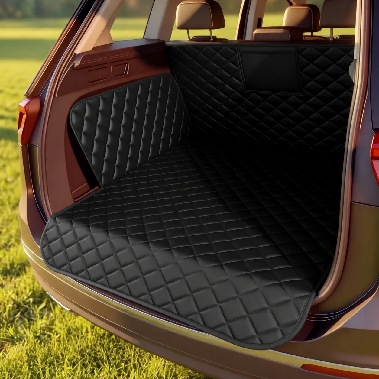Black quilted dog cargo mat with black trim installed in an SUV trunk