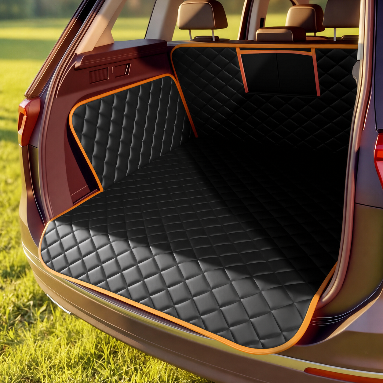 Black quilted dog cargo mat with orange trim installed in an SUV trunk