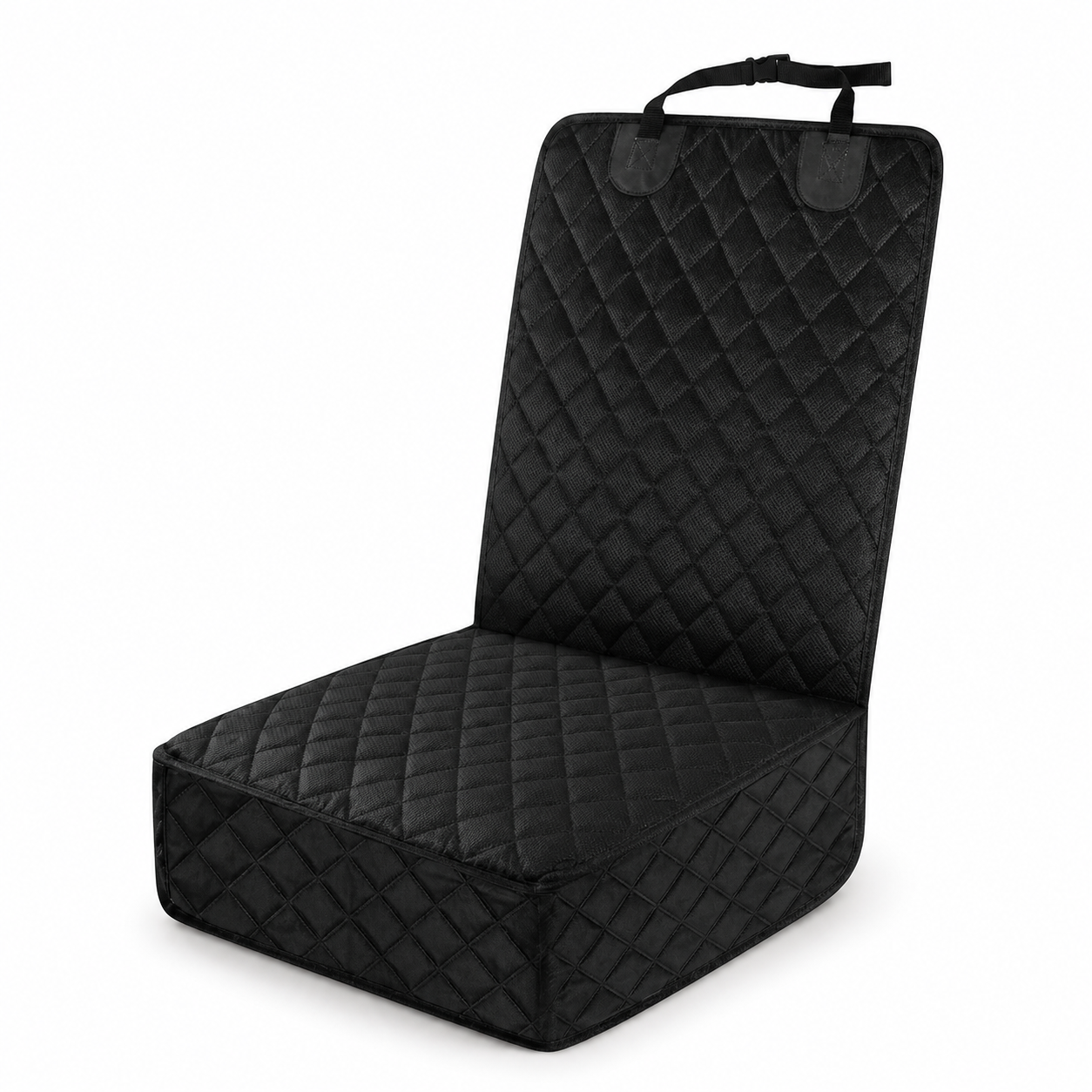Black quilted anti-slip dog car seat protector on a clean studio background