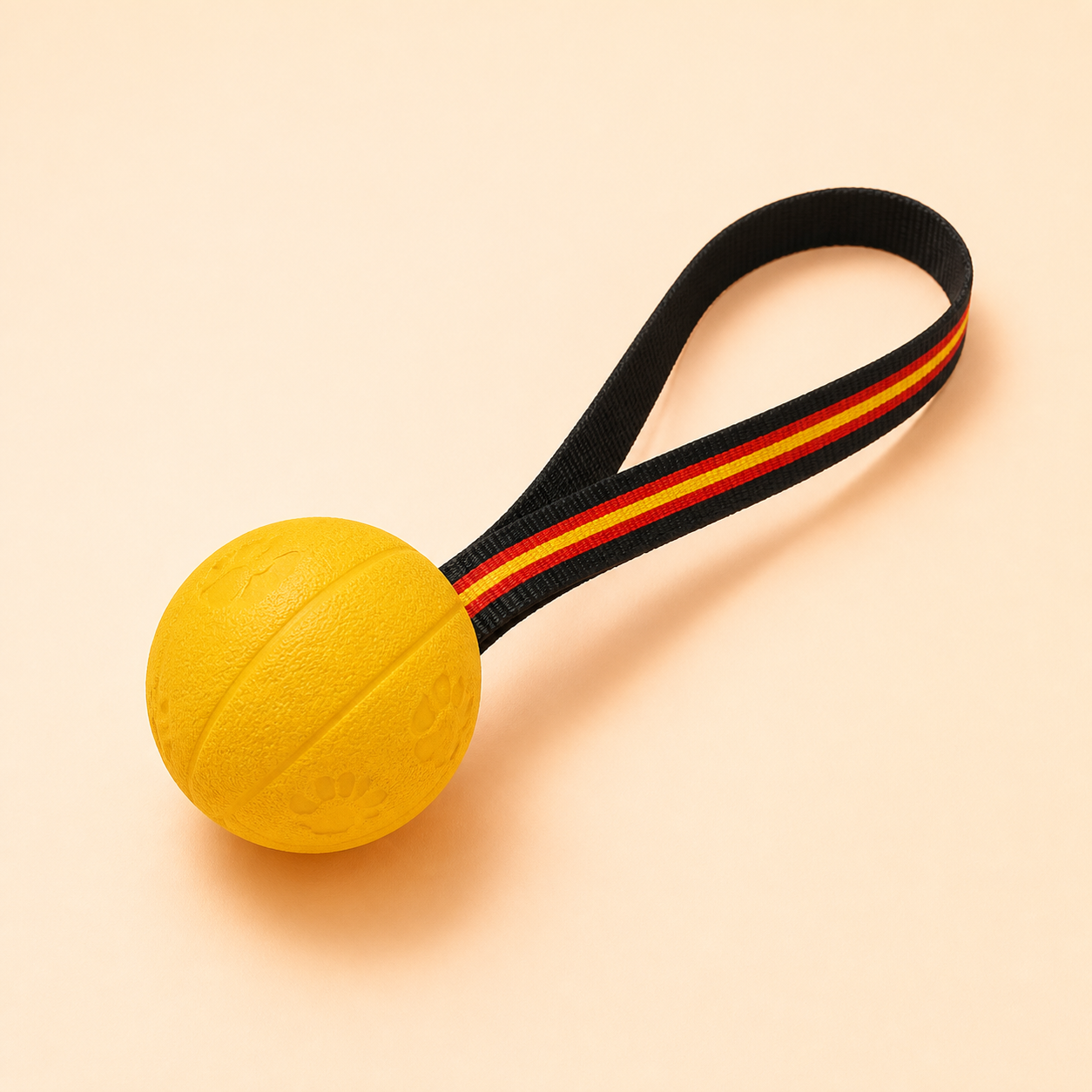 Large yellow tug ball with striped handle, unbranded studio view