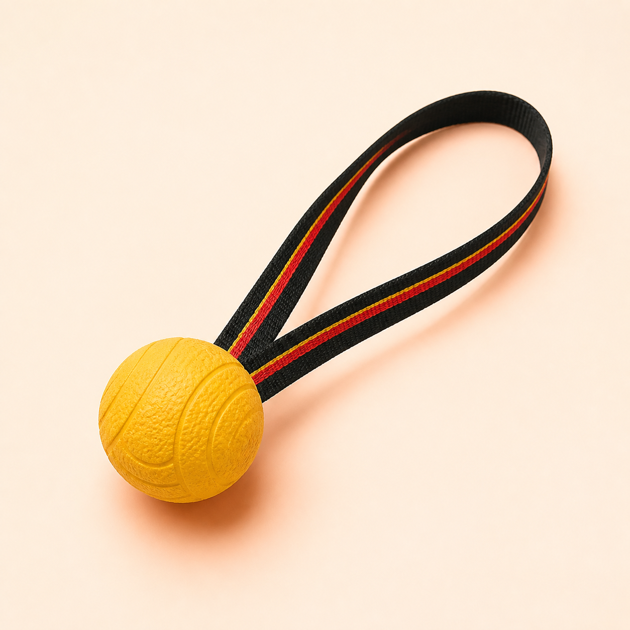 Small yellow tug ball with striped handle, unbranded studio view