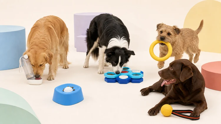 Four dogs enjoying Tailuvo play, feeding, and travel essentials