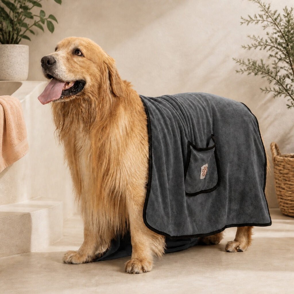 Microfiber Dog Bath Towel with Hand Pockets - Charcoal Gray / Large — 130 × 70 cm