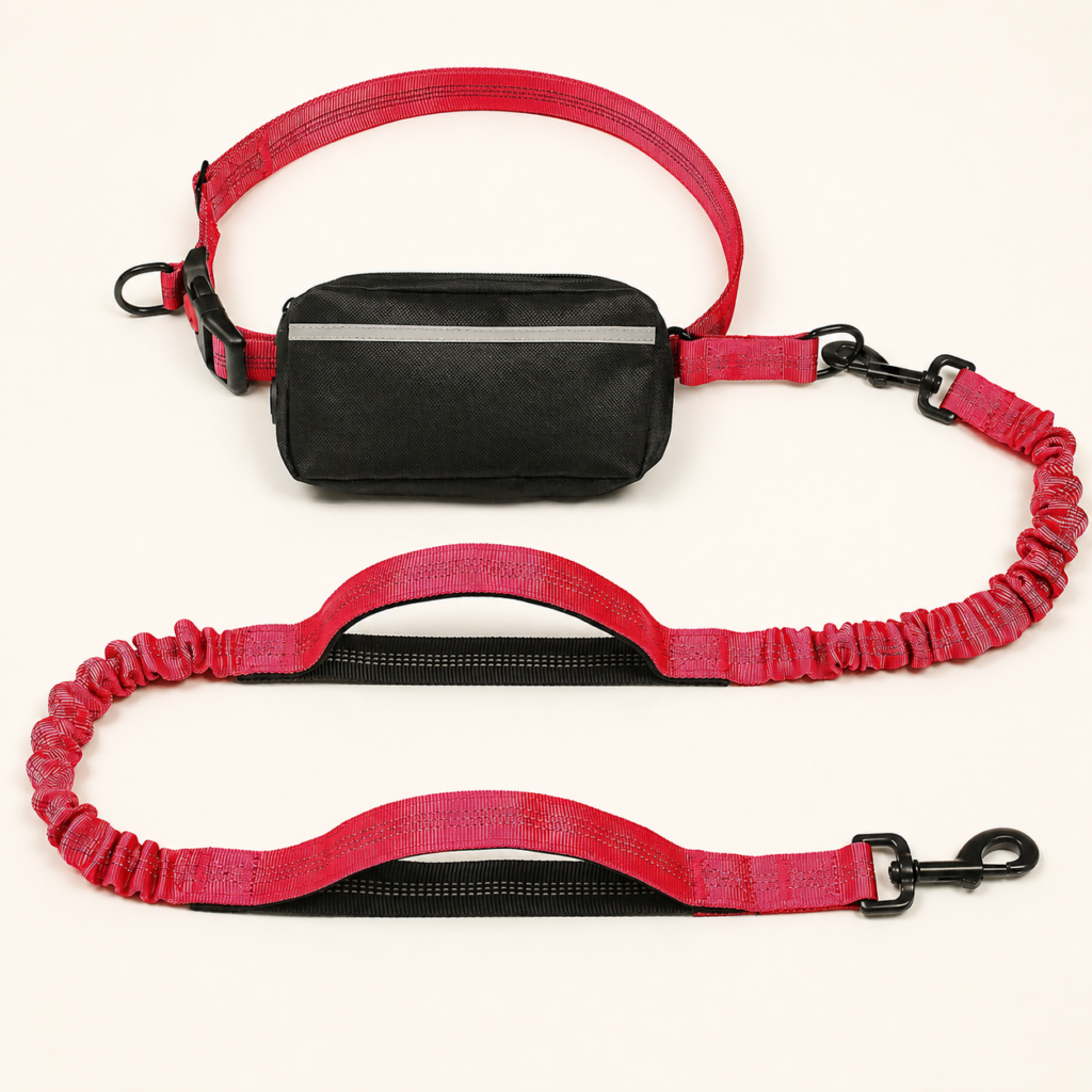 Reflective Hands-Free Dog Leash with Waist Pouch - Red
